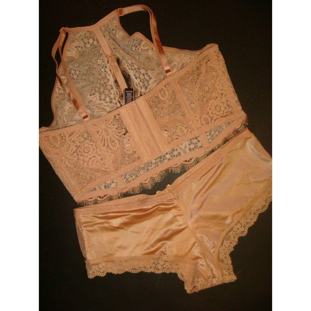 Victoria's Secret unlined high-neck 34C BRA SET panty DULCE de leche lace beaded - Picture 4 of 4